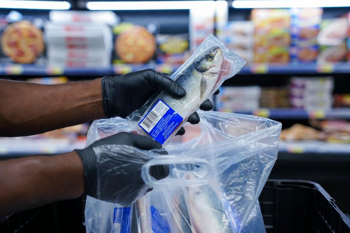 Gloved hands bagging a packed fish at the counter